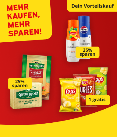 Grafik mit rotem Hintergrund und gelben Akzenten zeigt drei Angebote. 1. 2 Kerrygold Produkte kaufen und 25% sparen 2. 3 Lay's Produkte kaufen und 1 Produkt gratis bekommen 3. 2 Soda Stream Getränkesirup kaufen und 25% sparen. 