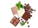 verschiedene Schokoladentafeln mit Kakaobohnen und ein Minzblatt