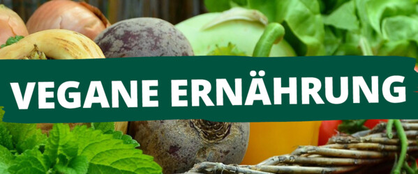 Ein Korb mit frischem Gemüse auf einem Gartentisch, darüber weiße Schrift "Vegane Ernährung"