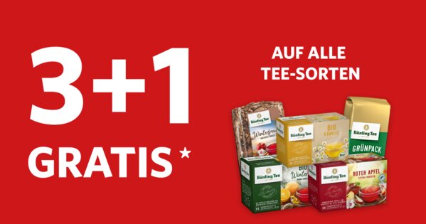 Rotes Aktionsbanner mit der Aufschrift „3+1 gratis auf alle Tee-Sorten“ und verschiedenen Teepackungen von Bünting Tee.