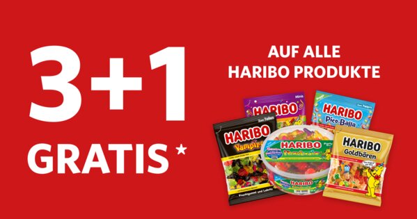 Rotes Werbebanner mit der Aufschrift „3+1 gratis auf alle HARIBO-Produkte“ und verschiedenen abgebildeten HARIBO-Süßigkeiten, darunter Goldbären, Pico-Balla und Happy Cola.